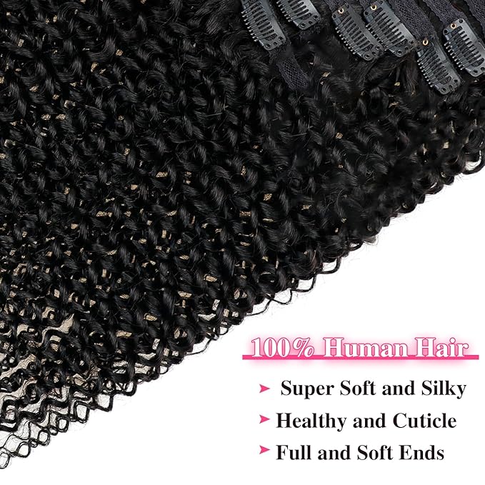 Kinky Curly Clip in Extension Human Hair 3c 4a Clip Ins for Women Brazilian Remy Human Hair Extensions #1B Natural Color 8 Pcs with18 Clips 120g/Set (14 inch)