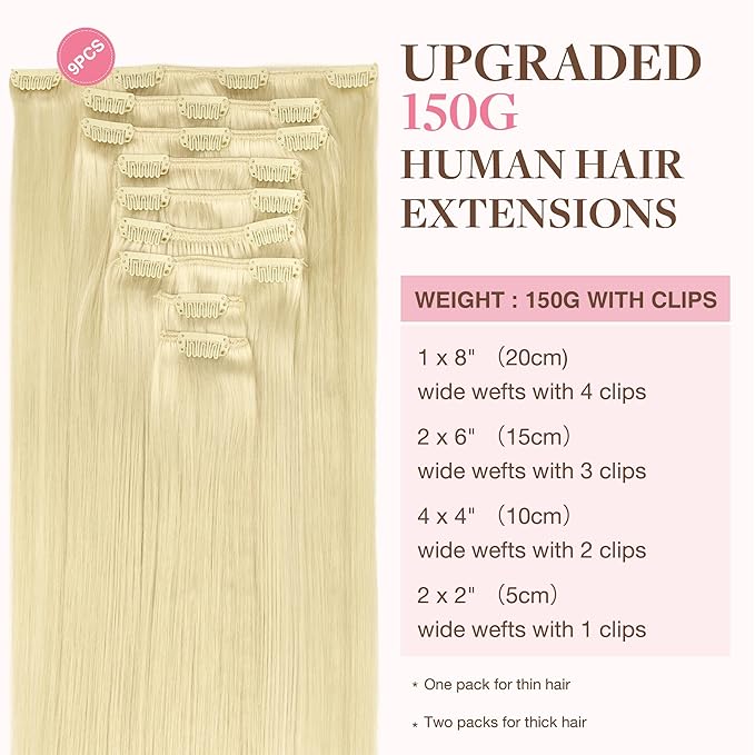 GOO GOO Clip in Hair Extensions Real Human Hair, Remy Human Hair Extensions Clip ins for Women, Natural Human Hair, 22inch 150g 9Pcs, 613R Bleach Blonde
