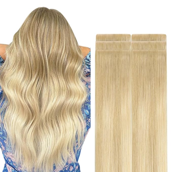 GOO GOO Invisi Edge Tape in Hair Extensions Human Hair, 18AT60A Pearl Ash Blonde Highlights, 6pcs 22inch 18g, Virgin Remy Hair, Seamless Injected Tape, Natural Look