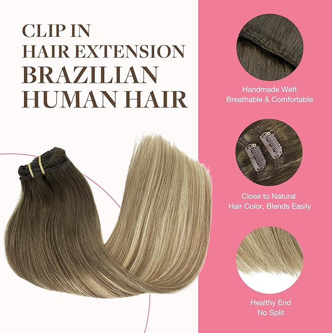 GOO GOO Clip in Hair Extensions Real Human Hair, Remy Human Hair Extensions Clip ins for Women, Natural Human Hair, 22inch 150g 9Pcs, 3/8/613 Balayage Walnut Brown to Ash Brown and Bleach Blonde