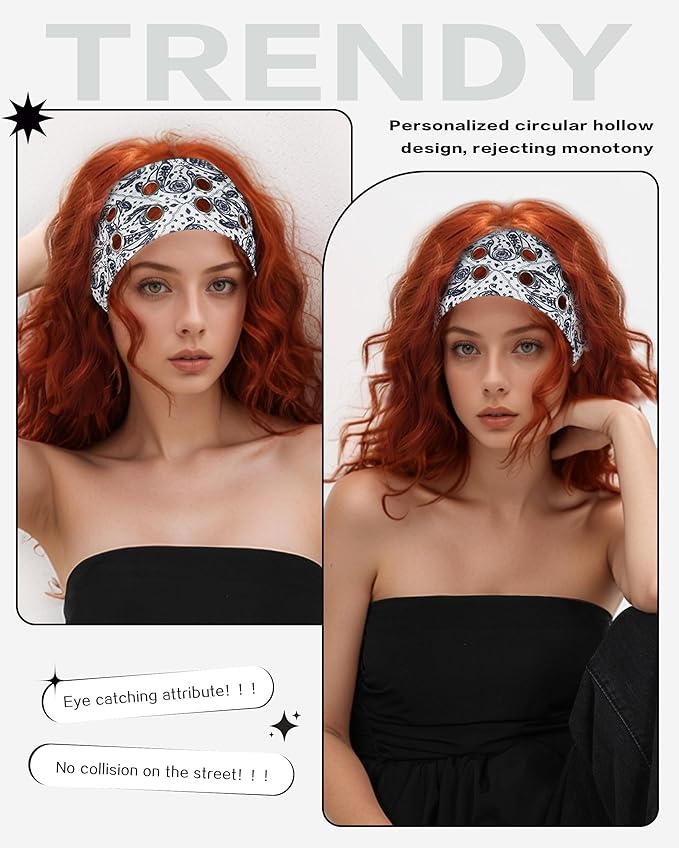 Grommet Headband for Women, White Paisley 23cm Hollow Out Elastic Hair Band, Eyelets Punk Grunge Stylish Hairband