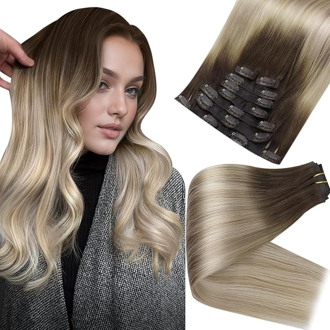 Full Shine Seamless Hair Extensions Clip in Dark Brown to Blonde Clip in Hair Extensions Real Human Hair 20 Inch Remy Hair for Women Full Head Softness 8 PCS 120 G