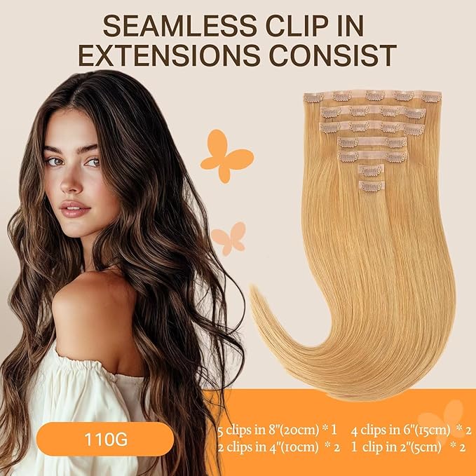 DOORES Seamless Clip in Hair Extensions, Honey Blonde 110g 7pcs 14 Inch, Thick Clip in Human Hair Extensions Straight Trick Seamless Invisi Edge Weft
