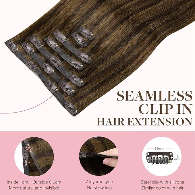 GOO GOO Clip in Hair Extensions Real Human Hair, Remy Human Hair Extensions Clip ins for Women, Natural Human Hair, 20 Inch 130g 7Pcs, 2C/4E/6C Brown Sugar Swirl Highlights