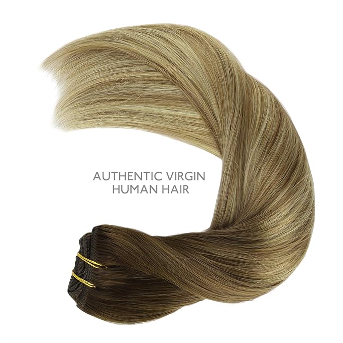 WENNALIFE Clip in Hair Extensions, 150g 18 Inch 9pcs Ombre Walnut Brown to Ash Brown and Bleach Blonde Human Hair Extensions Thicker Clip in Hair Extensions Real Human Hair Clip Set Double Weft