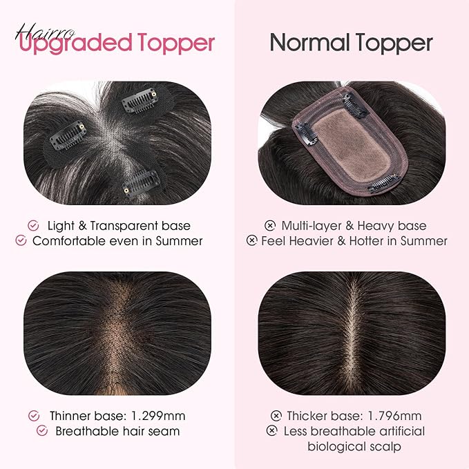Hairro Human Hair Toppers with Side Bangs, 3D 360° Seamless Real Hair Toppers, Hand-Tied with 3.5"x4.7" T-shaped Base, Clip-In Hairpieces to Add Volume on Top, 11 Inch Natural Black