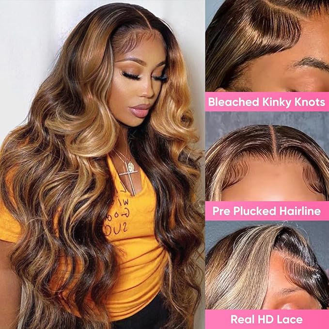 Honey Blonde Ombre 13x6 Lace Front Wig Human Hair 210 Density Highlight Body Wave Lace Front Wigs Human Hair Pre Plucked Glueless Lace Frontal Wig for Women 4/27 Colored 20Inch
