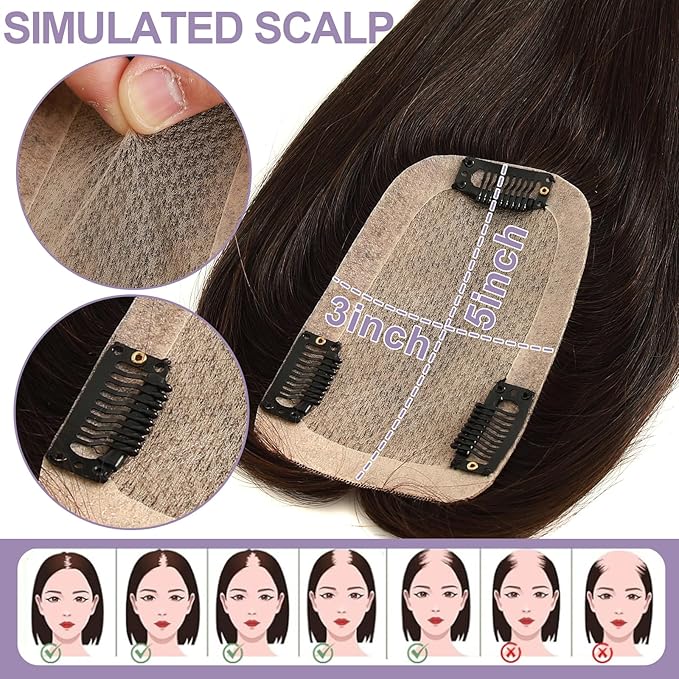 Hair Toppers for Women Real Human Hair, 3x5 Inch Injected Silk Base No Bangs 18 Inch Length 130% Density Hairpieces #1C Natural Black (Subtle Red Undertones in Sunlight)