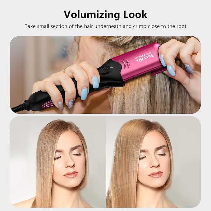Terviiix Crimper Hair Iron with 4 Interchangeable Plates, Keratin & Argan Oil Infused Hair Crimper for Women, Volumizing Crimping Iron for Thin Fine Hair, 5 Heat Settings & 60 Mins Auto Off, Pink