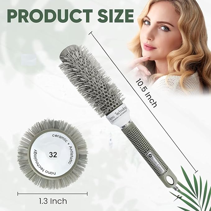 Round Brush, 32 mm/1.3 Inch Barrel with 2 Clips – Round Hair Brush with Flexible Nylon 66 Bristles Nano Ionic Heat Resistant Tech for Professional Curling, Styling & Shining Texture