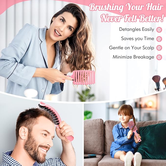 URTHEONE Hair Brush,Detangling Hairbrush Boar Bristle Hair Brushes for Women Men Kids Curly Thick Long Short Wet or Dry Hair, Curved Vented Detangler Brush for Faster Blow Drying (Pink)