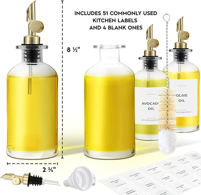 Olive Oil Dispenser Bottle - Includes 55 Kitchen Essential Labels - Cooking Oil Bottles for Kitchen, Coffee Syrup Dispenser - Pourer Spout with 11.8 fl oz Glass Container Cruet - 4pcs, Gold