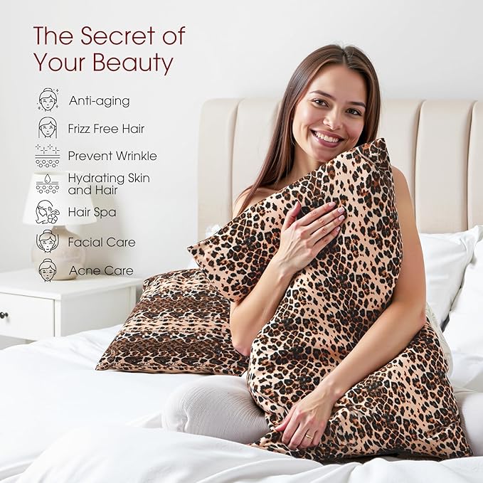 WLOSJ100% Silk Pillow Cases 2 Pack Queen Size Mulberry Silk Pillowcase for Hair and Skin Set of 2 Highest Grade 6A Silk Soft Breathable Cooling with Hidden Zipper, Leopard