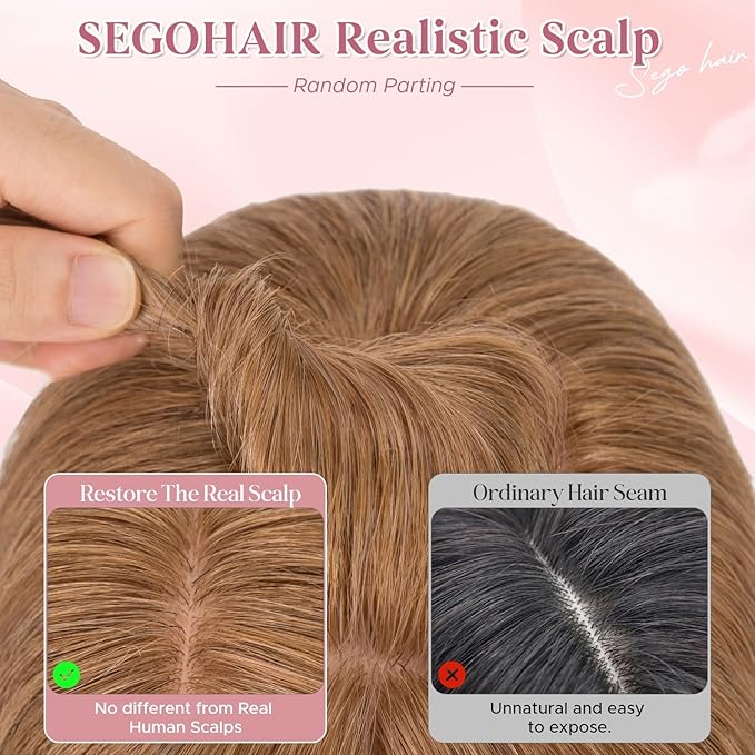 Real Human Hair Toppers for Women 3.54"*4.72" Silky Base 150% Density With Bangs Adjustable Parting Clip-In Topper Hairpieces for Women with Thinning Hair 16 Inches Light Brown