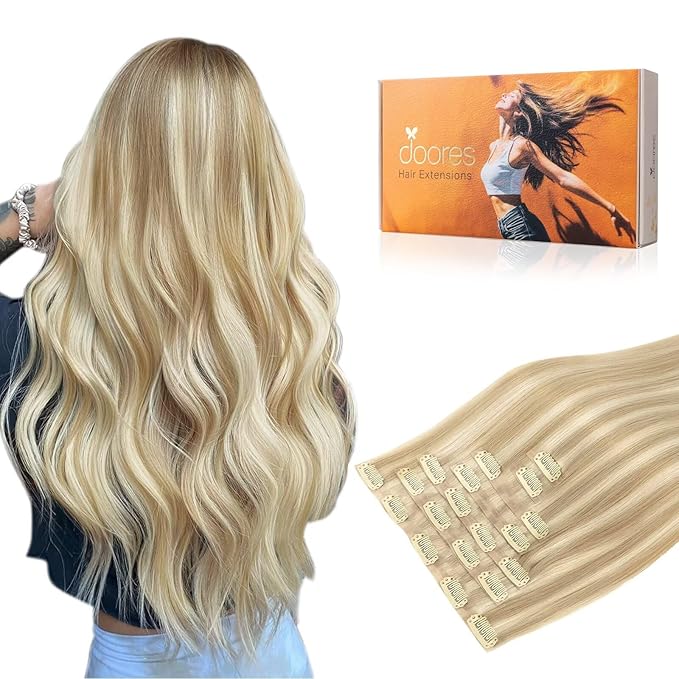 DOORES Clip-in Hair Extensions, Dark Blonde Highlighted Bleach Blonde 110g 7pcs 14 Inch, Seamless Clip-in Real Human Hair Skin Weft Straight Invisi Edge Extensions