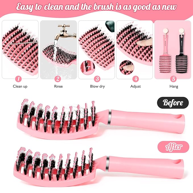 URTHEONE Hair Brush,Detangling Hairbrush Boar Bristle Hair Brushes for Women Men Kids Curly Thick Long Short Wet or Dry Hair, Curved Vented Detangler Brush for Faster Blow Drying (Pink)