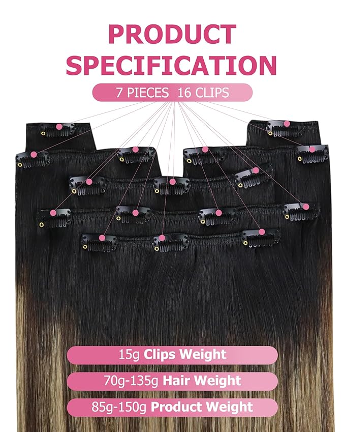 YoungSee 18 Inch Clip in Hair Extensions Black Ombre 120G Clip in Human Hair Extensions Balayage Natural Black Ombre Dark Brown Mix Caramel Brown Clip ins Extensions Ease of Use 18In 7Pcs