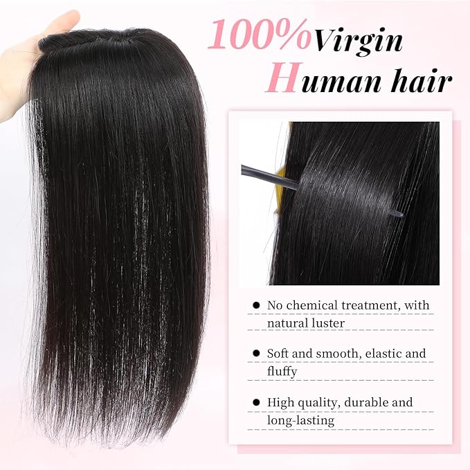 Fine Plus 16Inch Hair Toppers for Women Real Human Hair – Mono Base 3"x5", Natural Black Virgin Quality, for Thinning Crown & Wide Parting, Lightweight & Breathable, Add Volume Can Be Curled