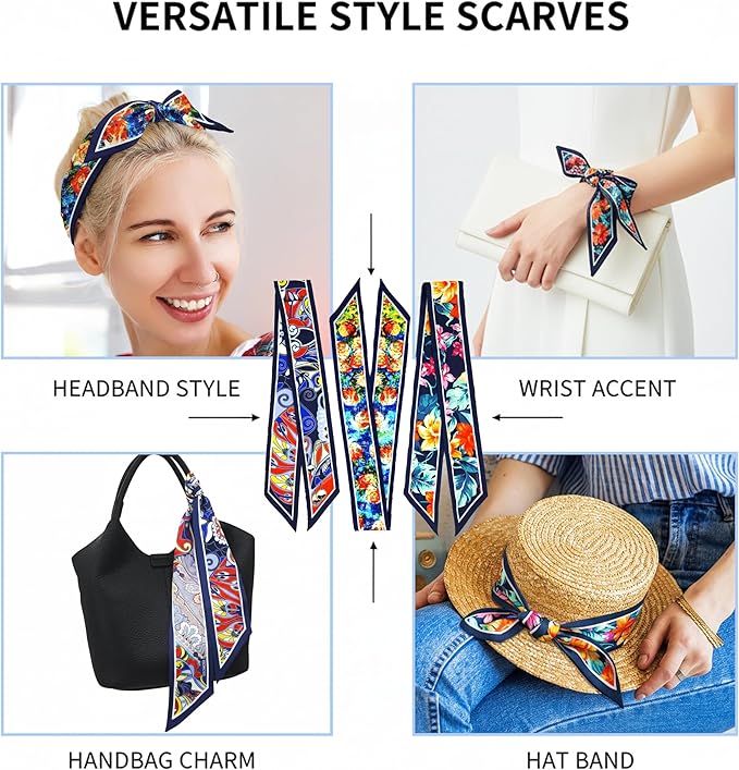 Skinny Scarf 3 Pack for Women – Bag Scarf, Silk Hair Scarves (Original Prints, Premium Twill, 3 Designs)