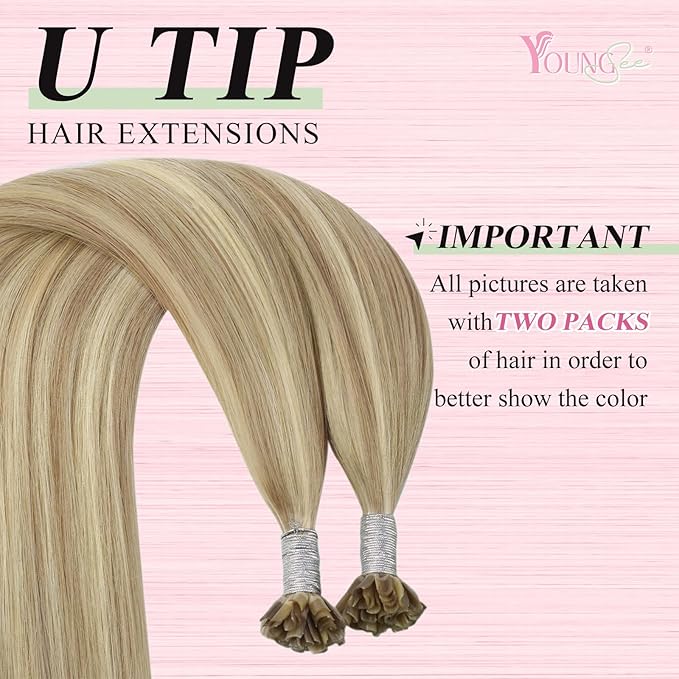 YoungSee U Tip Hair Extensions Human Hair Highlight Golden Blonde and Medium Blonde Ktips Hair Extensions Real Hair 18 Inch U Tips Human Hair Extension Straight K Tip Extension Add Volume 1G/S 50G