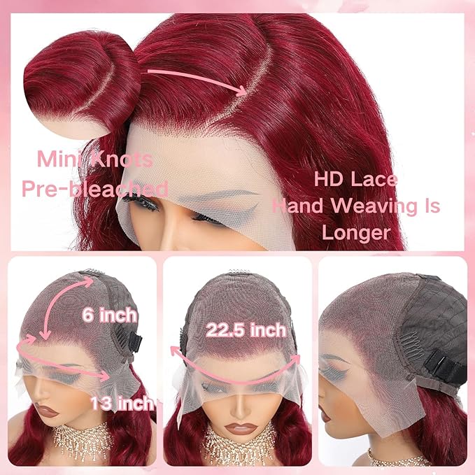 24 Inch 99j Burgundy Lace Front Wigs Human Hair 13x6 HD Transparent Burgundy Wig Human Hair 200 Density Pre Plucked Glueless Frontal Wigs Human Hair for Black Women