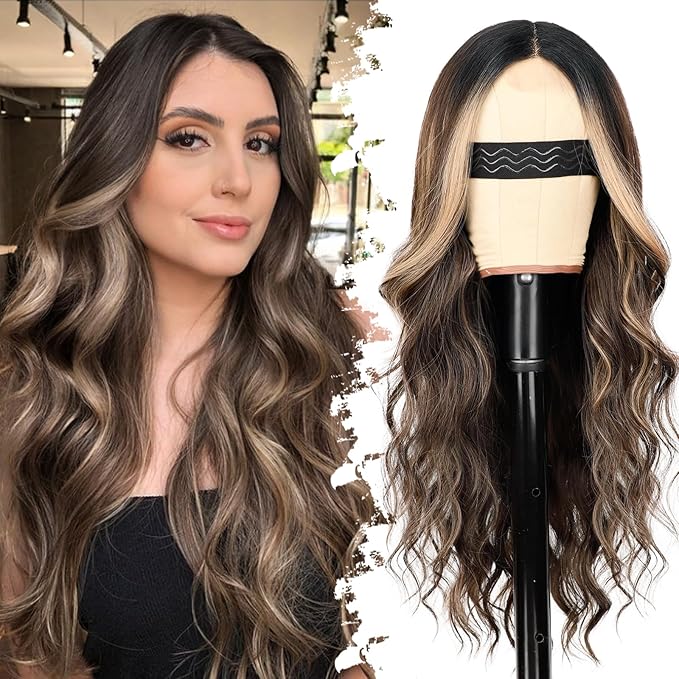 Dark Brown Mixed Blonde Wig for Women Long Wavy 4x1 Lace Natural Hairline Glueless for Beginners Middle Part Synthetic for Daily Party Use 26Inch