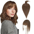 Hairro Mono Hair Toppers with Bangs, 3.4" x 3.4" Mono Base 100% Real Human Hairpieces for Women, 150% Density Clips In Topper for Greyish Thinning Hair, 16 Inch Medium Brown