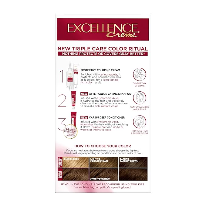 L'Oreal Paris Excellence Crème Permanent Hair Dye, Triple Care Hair Color with Pro-Keratine Complex for 100% Gray Hair Coverage, 5 Medium Brown, 1 Kit