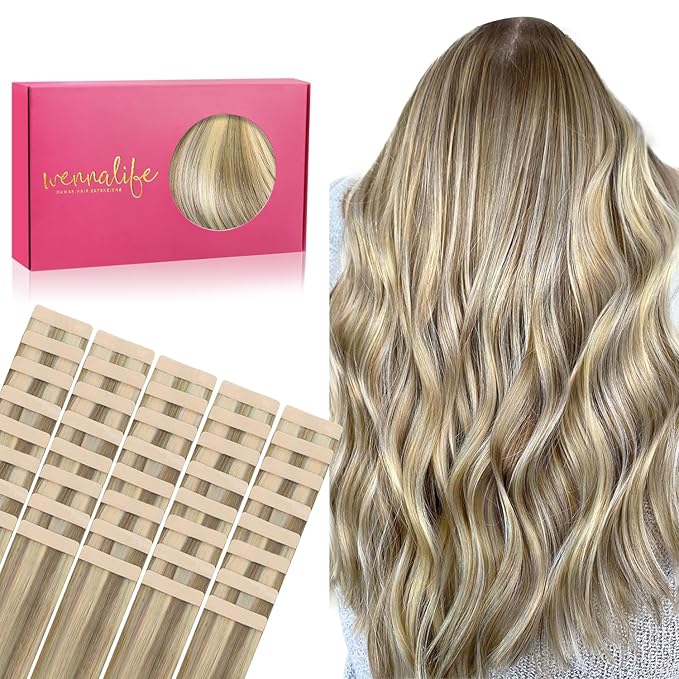 WENNALIFE Tape in Hair Extensions Human Hair, 40pcs 100g 14 inch Ash Brown with Platinum Blonde Highlights Hair Extensions Real Human Hair Straight Tape in Extensions Invisible Human Hair Extensions