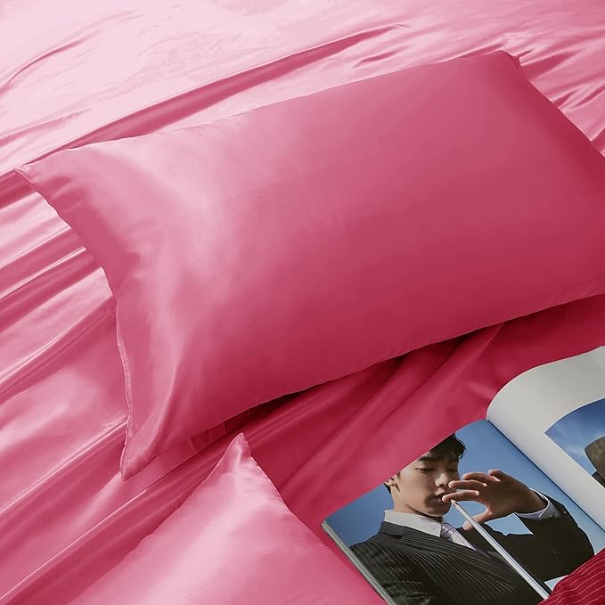 Peach Red Satin Pillowcase Queen Size Set of 2 for Hair and Skin, Peach Red Silk Pillowcase Breathable Pillowcase with Envelope Closure