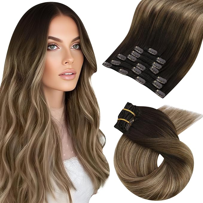 Moresoo Balayage Real Hair Extensions Clip in Human Hair Ombre Remy Double Weft Clip in Human Hair Extensions for Women Dark Brown to Golden Brown with Dark Ash Blonde 7pcs 120g 22inch