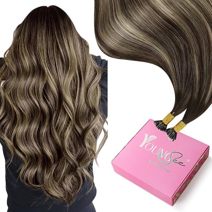 YoungSee Nano Hair Extensions Real Human Hair Balayage Brown Nano Beads Hair Extensions Human Hair Balayage Dark Brown with Ash Blonde Nano Tips Remy Hair Extension for Women Cold Fusion 18in 50s 50g