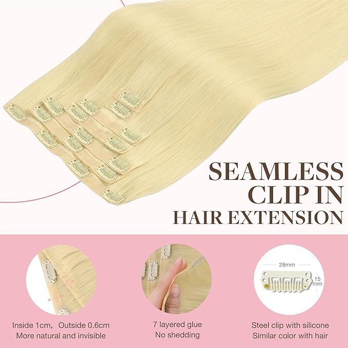 GOO GOO Clip in Hair Extensions Real Human Hair, Remy Human Hair Extensions Clip ins for Women, Natural Human Hair, 14inch 110g 7Pcs, 22F Light Golden Blonde