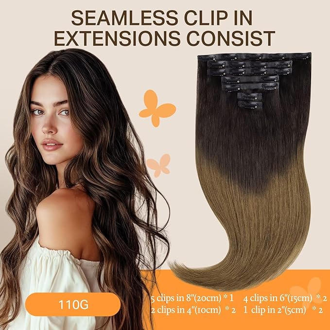 DOORES Seamless Clip in Hair Extensions Real Human Hair Extensions, Chocolate Dip Color Melt 120g 24 Inch 7pcs, Clip in Human Hair Extensions Straight Hair Invisi Edge Hair Extensions