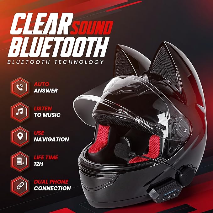Custom Kitty Cat Ear Automotive Motorcycle Biker Helmet with Bluetooth | for Moped | Bike | Vespa | Scooter | ATV | Quad | Dirtbike | DOT FMVSS218 Approved and Certified