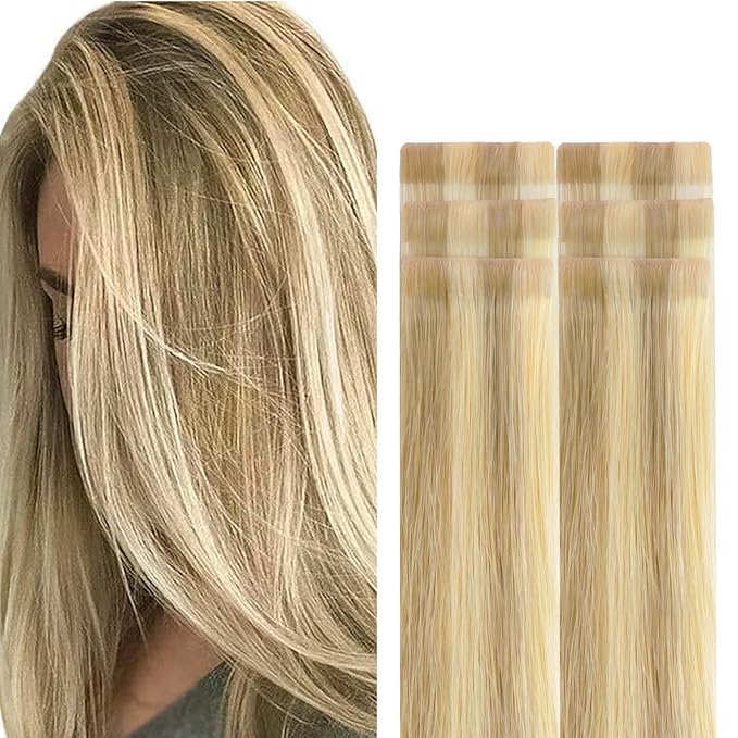 GOO GOO Invisi Edge Tape in Hair Extensions Human Hair, 16/22 Light Blonde Highlighted Golden Blonde, 6pcs 10inch 15g, Virgin Remy Hair, Seamless Injected Tape, Natural Look