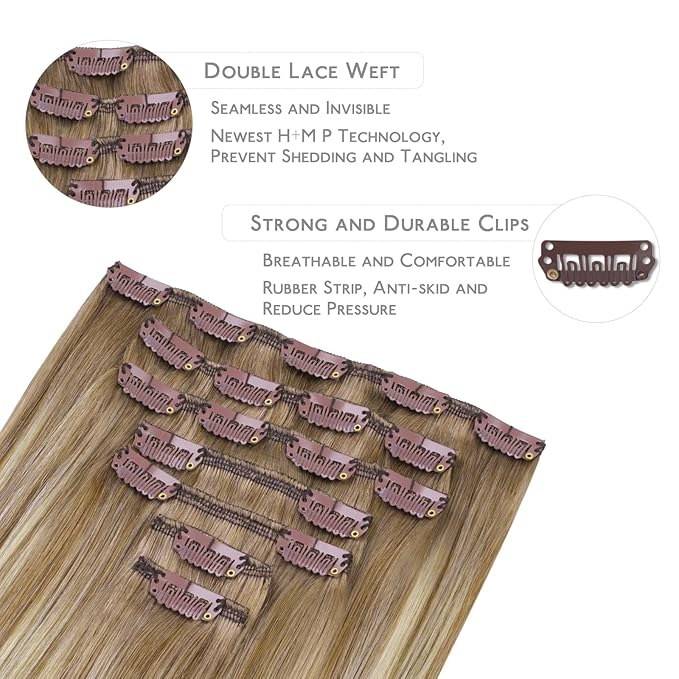WENNALIFE Clip in Hair Extensions Real Human Hair, 22 Inch 120g 7pcs Balayage Dirty Blonde with Platinum Ends Remy Hair Natural Double Weft