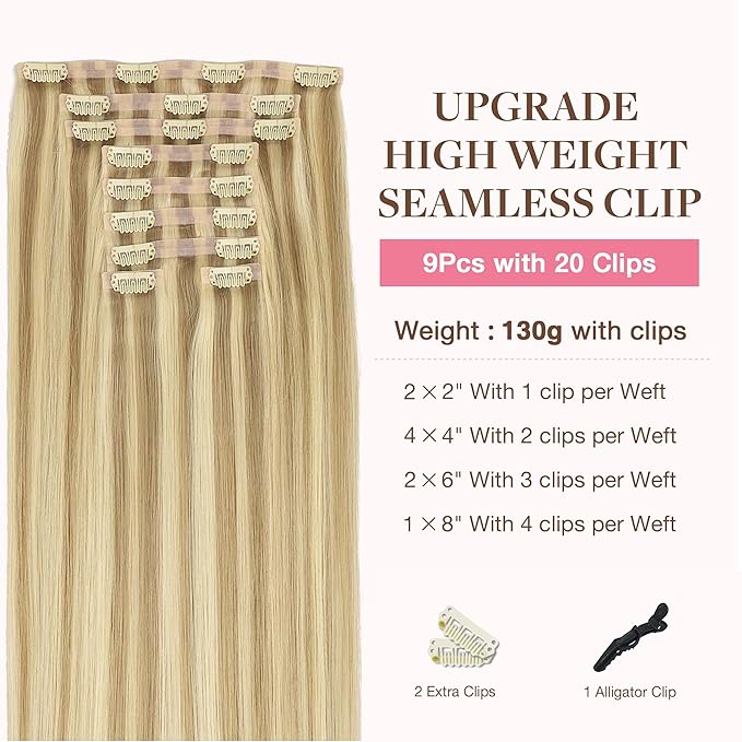 GOO GOO Clip in Hair Extensions Real Human Hair, Remy Human Hair Extensions Clip ins for Women, Natural Human Hair, 14inch 130g 9Pcs, 18A/613A Dark Blonde Highlighted Bleach Blonde