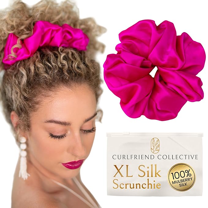 Silk Scrunchies for Ponytail Holders – Oversized Mulberry Silk Scrunchies – Extra Large No Damage Hair Ties for Curly, Thick, and Thin - Hair Accessories for Women – Hot Pink Peony, XL By Curlfriend