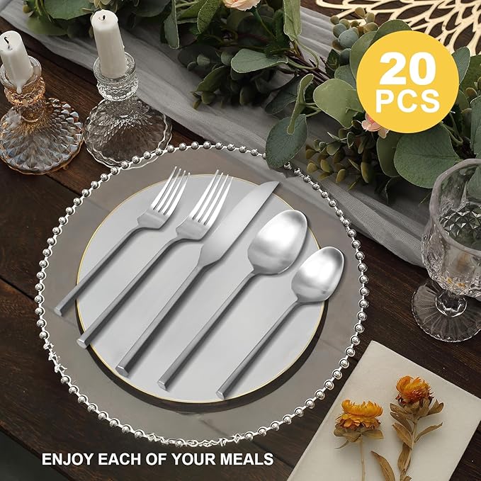 20 Piece Stainless Steel Silverware Set, Handle Flatware, Modern Matte Finish Cutlery Set, Service for 4, Dishwasher Safe