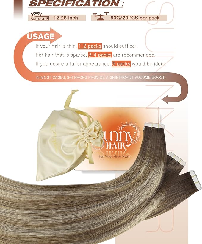 Sunny Hair Tape in Hair Extensions Medium Brown Balayage Blonde Tape in Hair Extensions Human Hair, 20 inch Remy Hair Extensions Tape in 20Pcs 50g