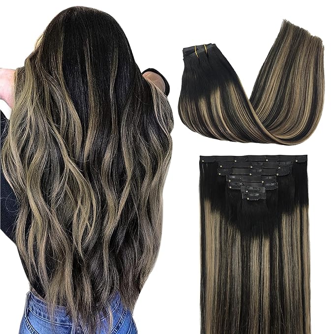 GOO GOO Clip in Hair Extensions Real Human Hair, Remy Human Hair Extensions Clip ins for Women, Natural Human Hair, 20inch 150g 7Pcs, 1B/16/1B Balayage Natural Black to Light Blonde