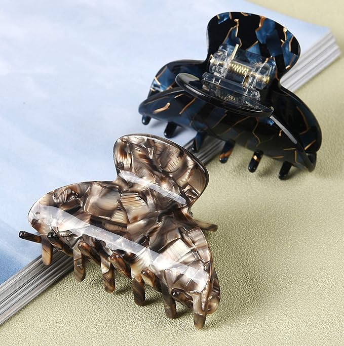 2Pcs Medium Tortoise Shell Claw Hair Clips, Elegant French Design Celluloid Hair Jaw Grips for Women