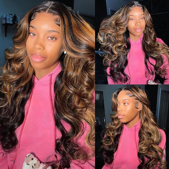 Highlight Ombre Lace Front Wigs Human Hair Body Wave 1B/30 Ombre 9x6 Lace Frontal Wigs Pre Plucked Colored Brown Highlight Wigs 32 Inch Balayage Wigs Glueless Human Hair Wigs for Women