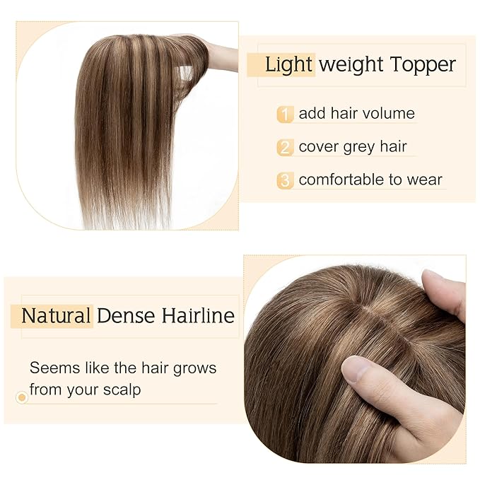 SEGO Hair Toppers for Women Real Human Hair With Bangs, 7 * 13CM Silk Base 100% Remy Human Hair Clip in Top Wiglet Hairpieces Add Volume -6 Inch Medium Brown&Dark Blonde