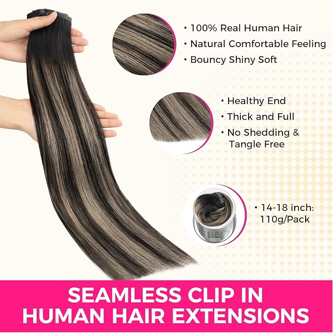 Lashey Seamless Clip in Hair Extensions Human Hair, 110g 7pcs Straight Balayage Natural Black to Light Blonde Highlighted Clip in Hair Extensions for Black Women 14 Inch