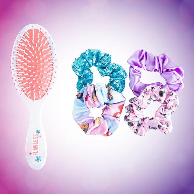 LUV HER Disney Princess Hair Accessory 5 Pcs Set - 1 Large Hairbrush + 4 Scrunchies - Accessories For Girls - Detangling Brush - scrunchies 3 +