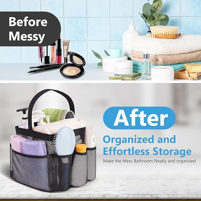 Mesh Shower Caddy – Portable Bathroom Organizer with 8 Pockets, Quick-Dry Hanging Shower Tote for College Dorm, Gym, Travel, and Shared Bathrooms – Black