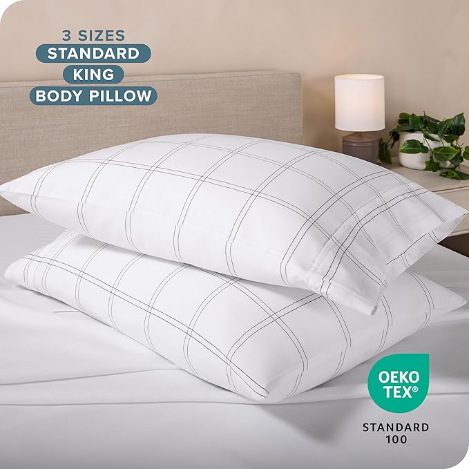 Bare Home Microfiber Pillow Cases - Standard/Queen Size Set of 2 - Cooling Pillowcases - Double Brushed - Pillowcases 2 Pack - Easy Care (Standard, Modern Plaid - White/Grey)