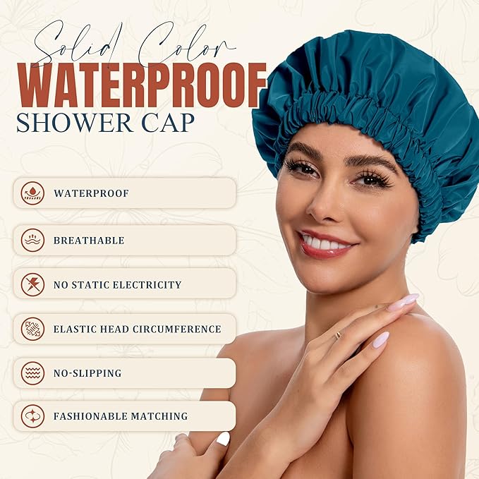 Reusable Shower Cap for Women, Stylish Large Waterproof Shower Bonnet Washable Wide Elastic Band Hair Cap for Long Hair, Braids Bath Hat(Blue Zircon)